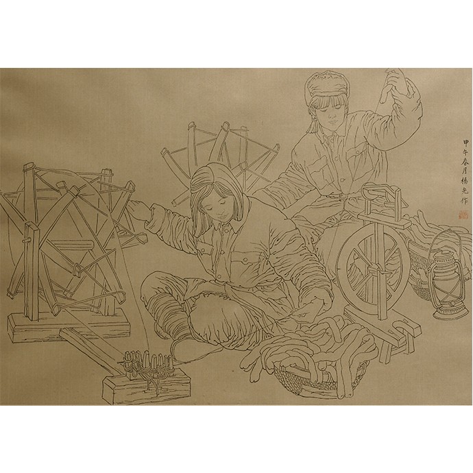 白描作品《纺线线》