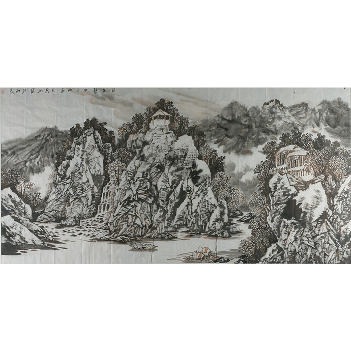 山水作品    《流水声中之两家》